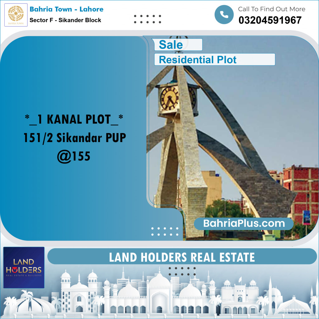 1 Kanal Residential Plot for Sale in Sector F - Sikander Block -  Bahria Town, Lahore - (BP-257391)