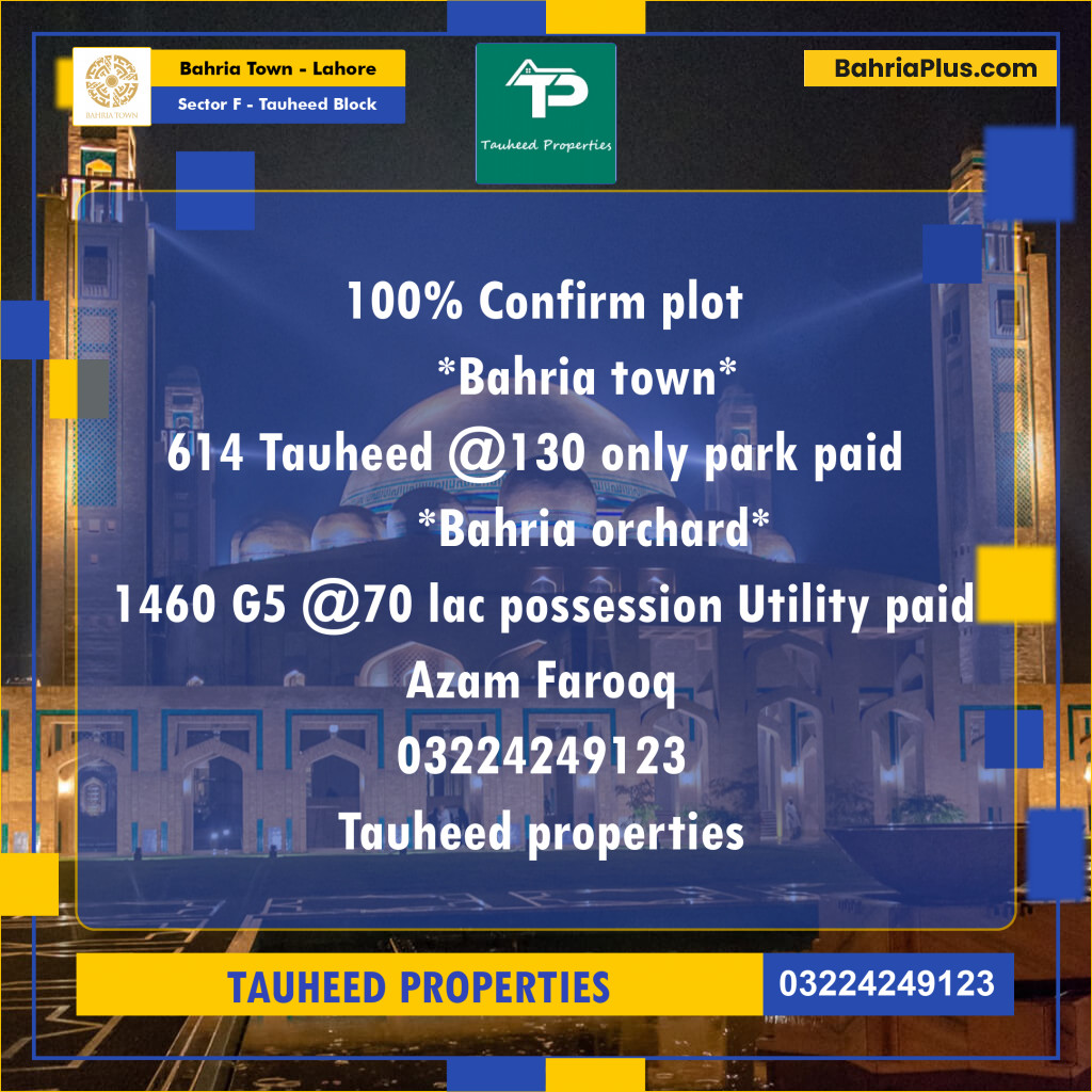 10 Marla Residential Plot for Sale in Sector F - Tauheed Block -  Bahria Town, Lahore - (BP-257404)