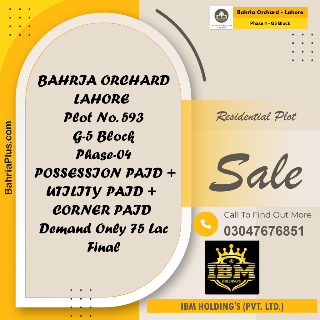 10 Marla Residential Plot for Sale in Phase 4 - G5 Block -  Bahria Orchard, Lahore - (BP-257465)