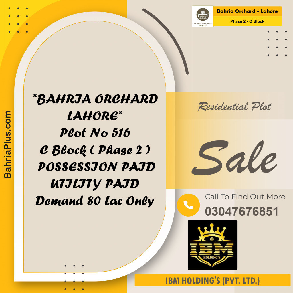 8 Marla Residential Plot for Sale in Phase 2 - C Block -  Bahria Orchard, Lahore - (BP-257479)