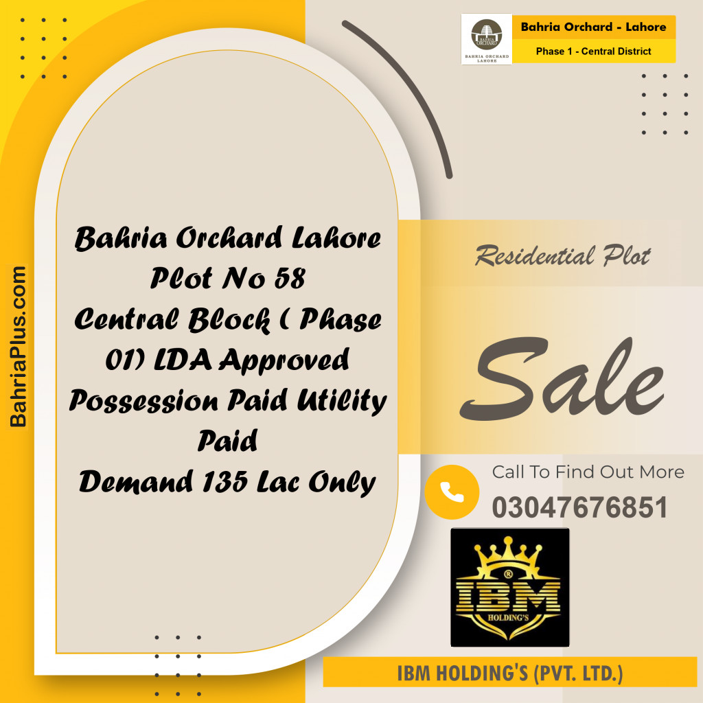 10 Marla Residential Plot for Sale in Phase 1 - Central District -  Bahria Orchard, Lahore - (BP-257480)