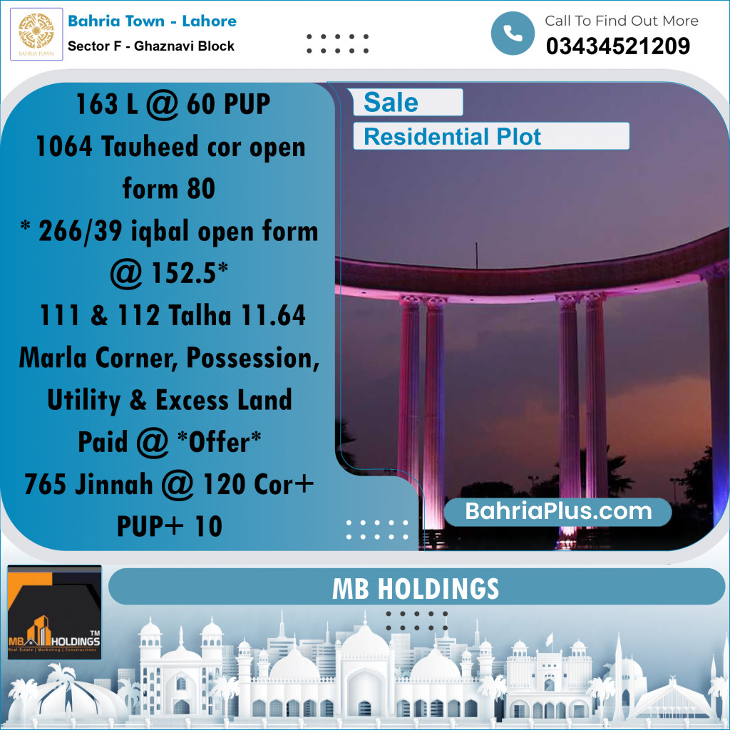 10 Marla Residential Plot for Sale in Sector F - Ghaznavi Block -  Bahria Town, Lahore - (BP-257650)