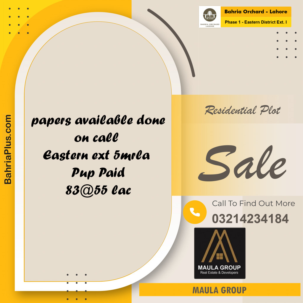 5 Marla Residential Plot for Sale in Phase 1 - Eastern District Ext. I -  Bahria Orchard, Lahore - (BP-257672)