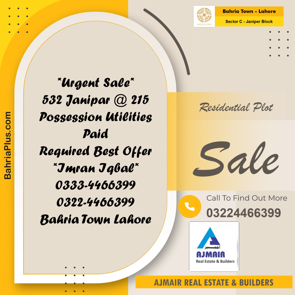 10 Marla Residential Plot for Sale in Sector C - Janiper Block -  Bahria Town, Lahore - (BP-257767)