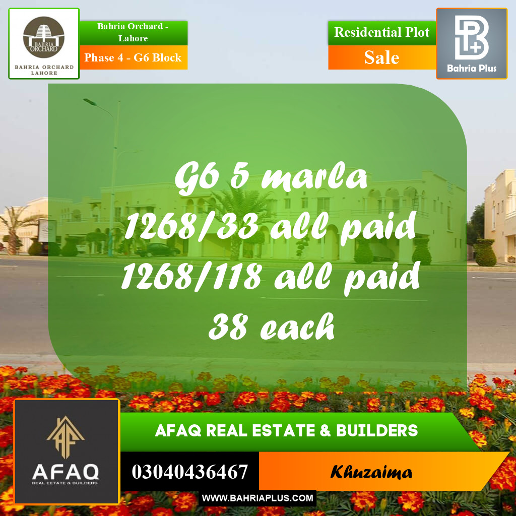 5 Marla Residential Plot for Sale in Phase 4 - G6 Block -  Bahria Orchard, Lahore - (BP-257899)