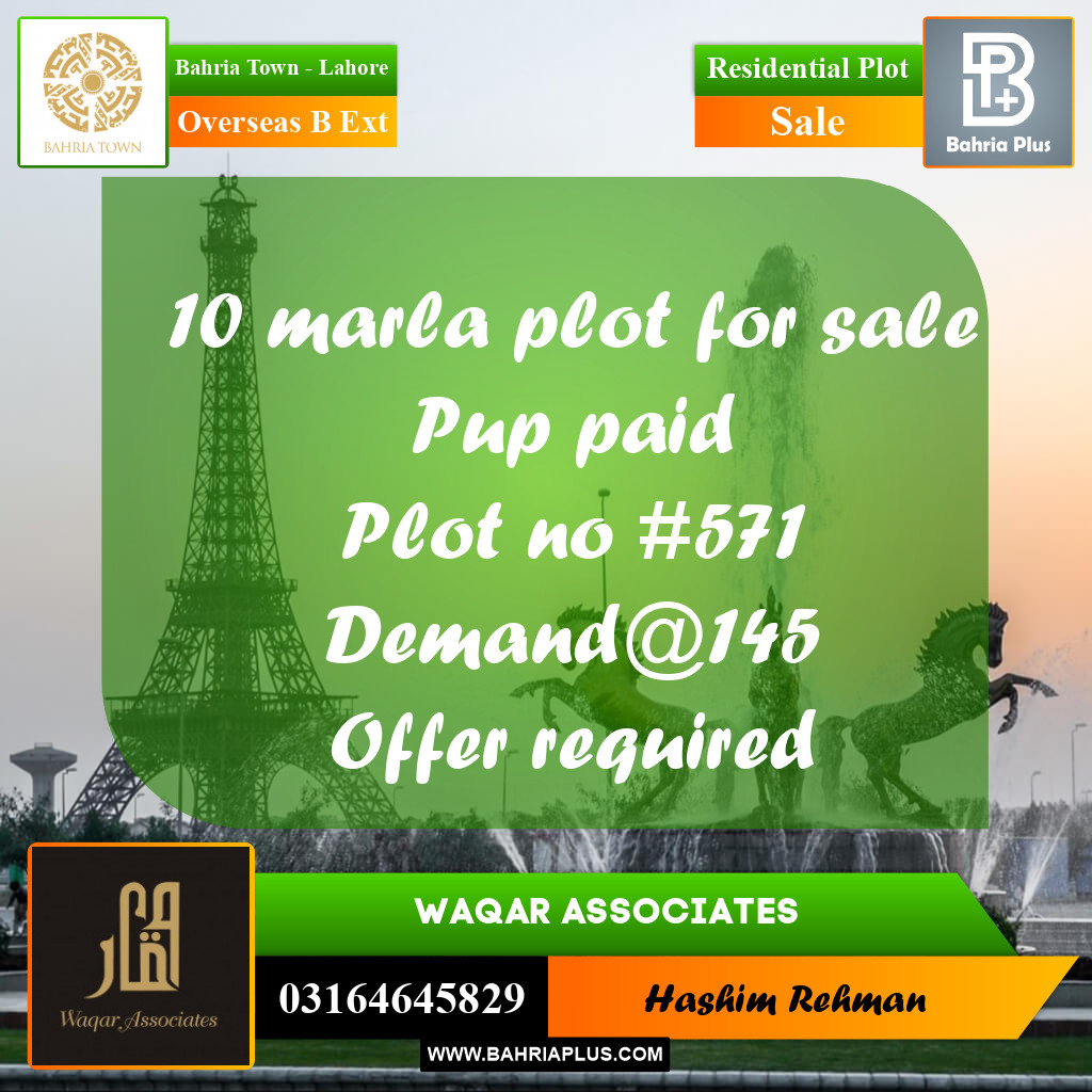10 Marla Residential Plot for Sale in Overseas B Ext -  Bahria Town, Lahore - (BP-257954)