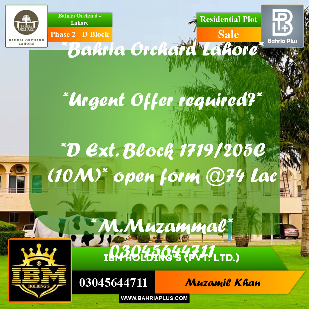 10 Marla Residential Plot for Sale in Phase 2 - D Block -  Bahria Orchard, Lahore - (BP-257969)