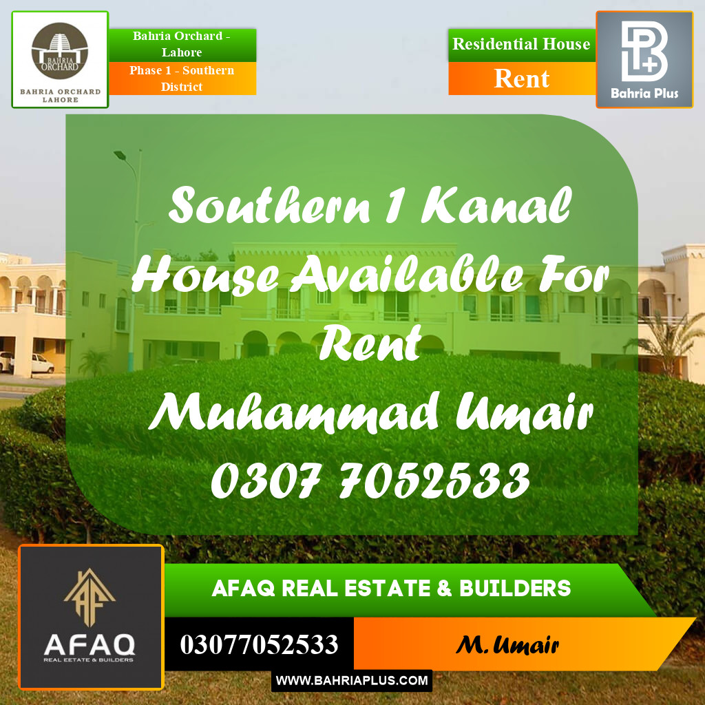 1 Kanal Residential House for Rent in Phase 1 - Southern District -  Bahria Orchard, Lahore - (BP-258156)