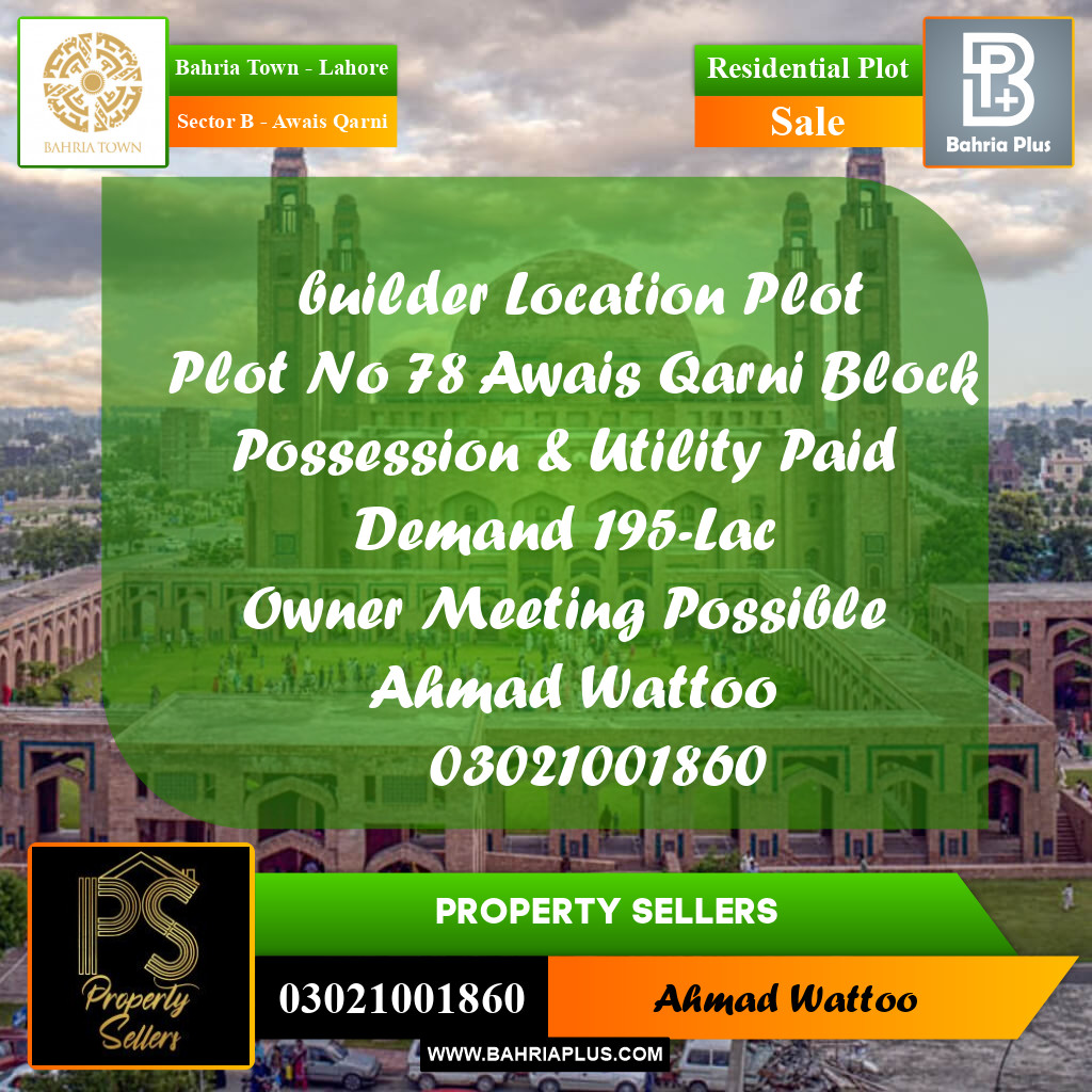 10 Marla Residential Plot for Sale in Sector B - Awais Qarni -  Bahria Town, Lahore - (BP-258285)
