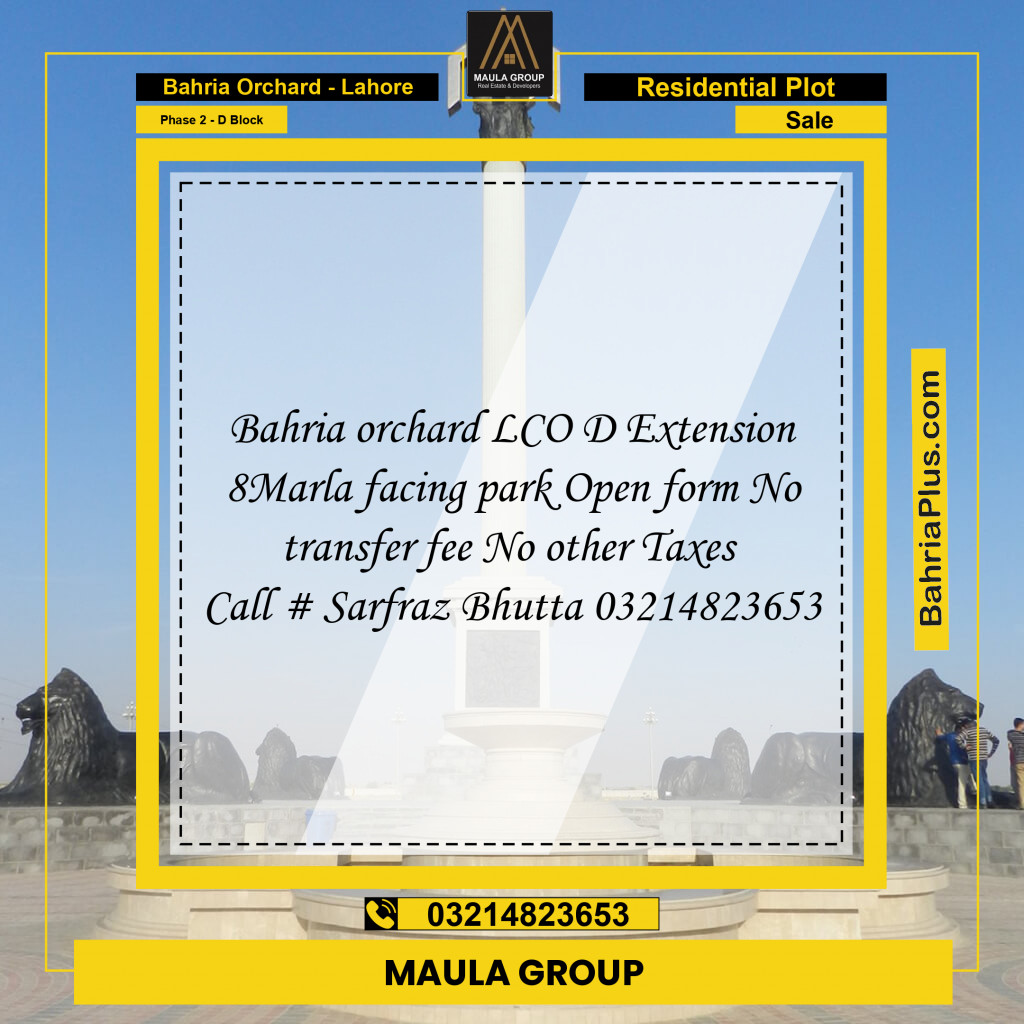 8 Marla Residential Plot for Sale in Phase 2 - D Block -  Bahria Orchard, Lahore - (BP-258403)