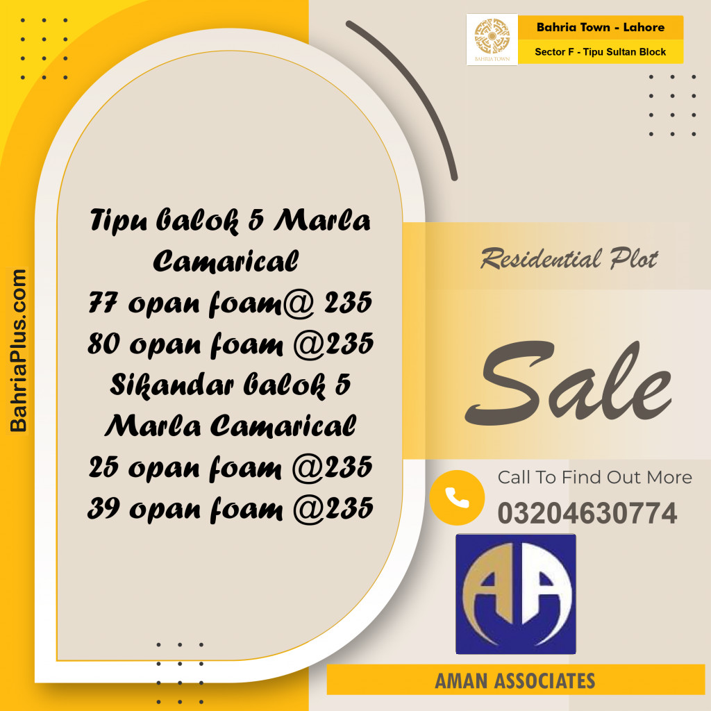 5 Marla Residential Plot for Sale in Sector F - Tipu Sultan Block -  Bahria Town, Lahore - (BP-258688)