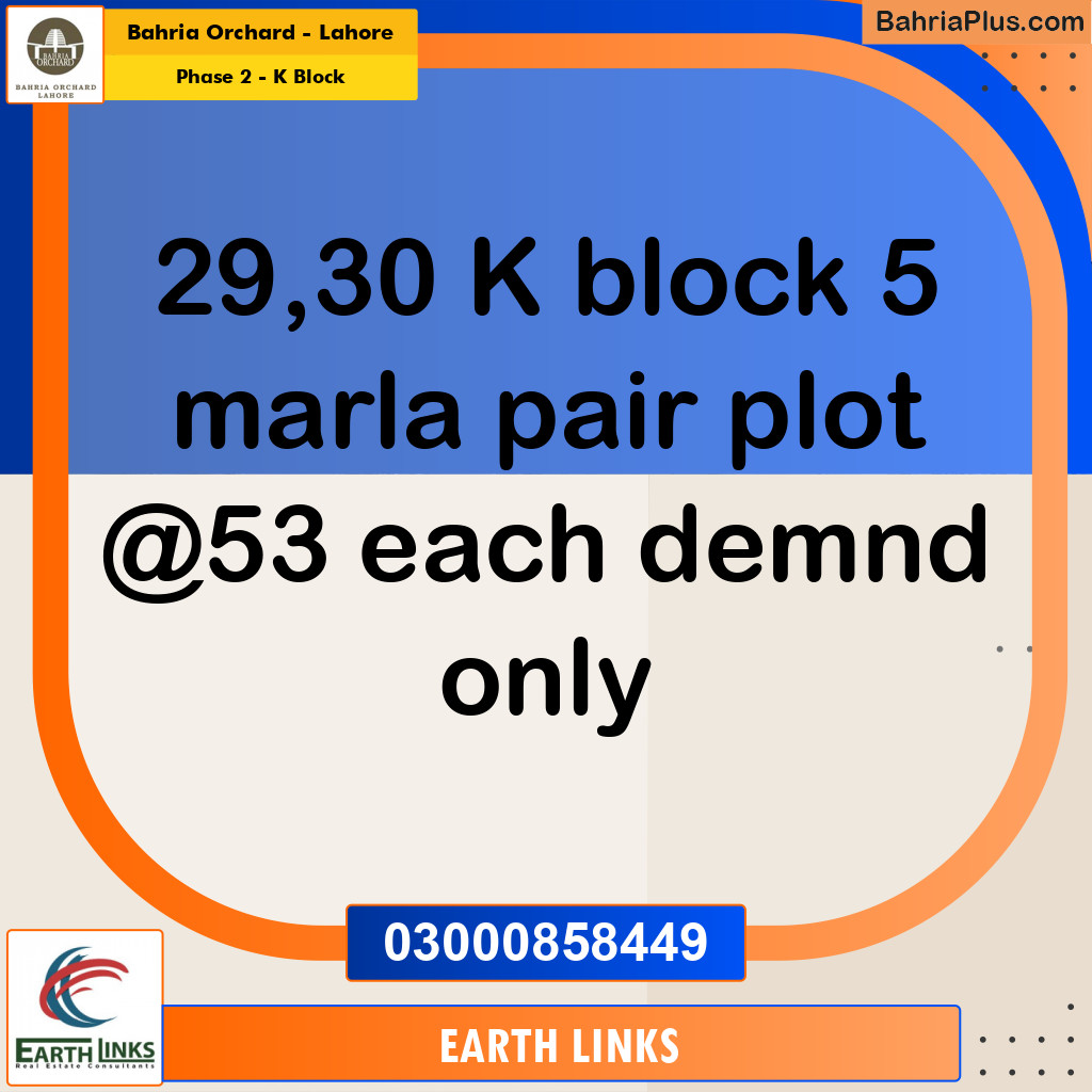 5 Marla Residential Plot for Sale in Phase 2 - K Block -  Bahria Orchard, Lahore - (BP-258745)