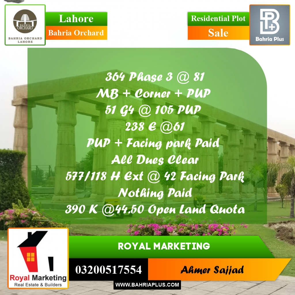 Residential Plot for Sale in Bahria Orchard, Lahore - (BP-258809)