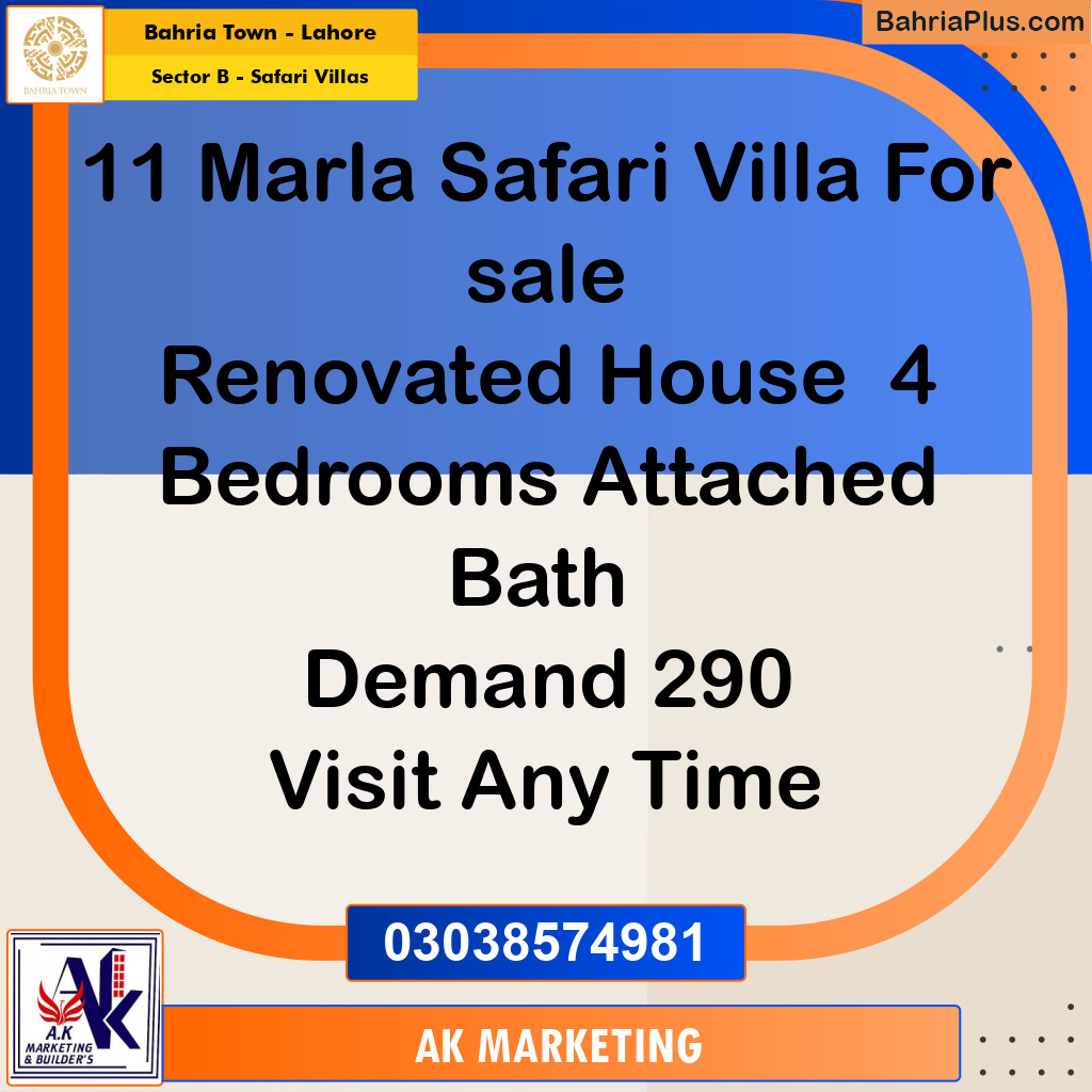 11 Marla Residential House for Sale in Sector B - Safari Villas -  Bahria Town, Lahore - (BP-258891)