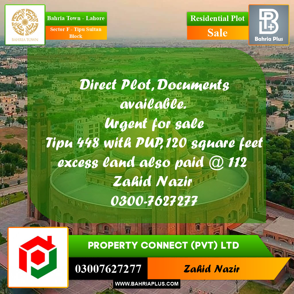 Residential Plot for Sale in Sector F - Tipu Sultan Block -  Bahria Town, Lahore - (BP-259031)