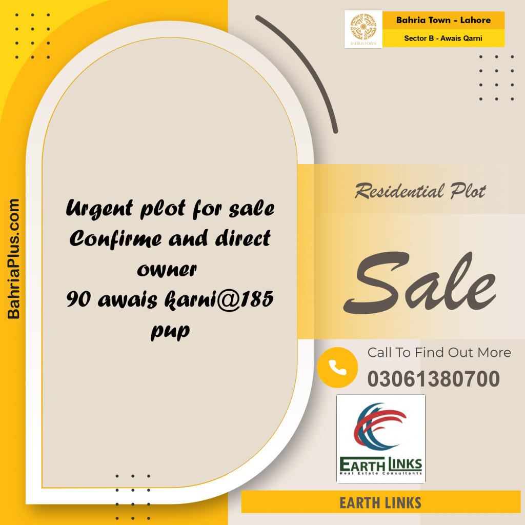 10 Marla Residential Plot for Sale in Sector B - Awais Qarni -  Bahria Town, Lahore - (BP-259032)