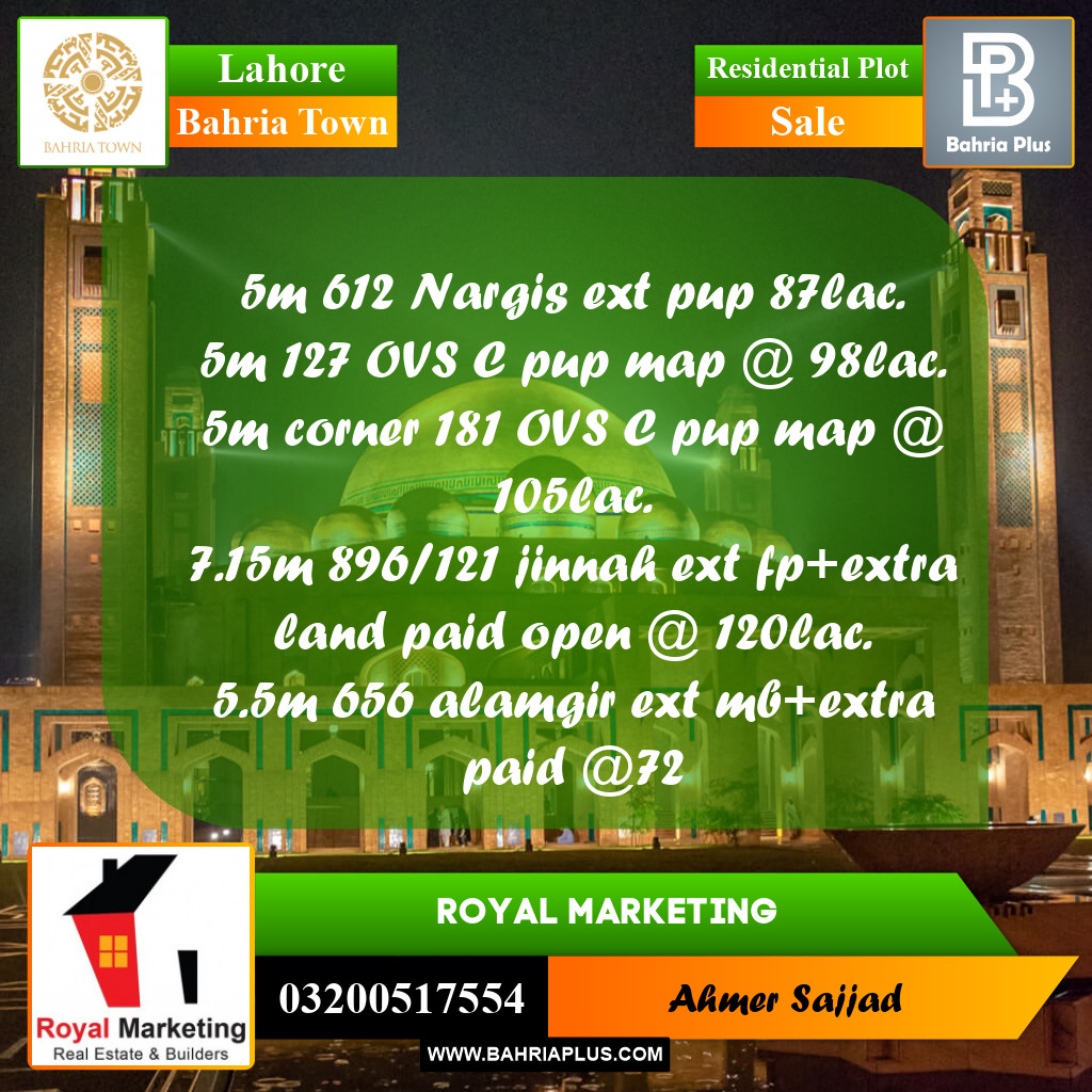 Residential Plot for Sale in Bahria Town, Lahore - (BP-259047)