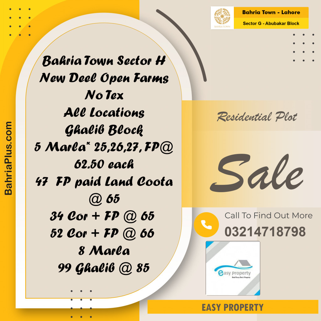 5 Marla Residential Plot for Sale in Sector G - Abubakar Block -  Bahria Town, Lahore - (BP-259083)