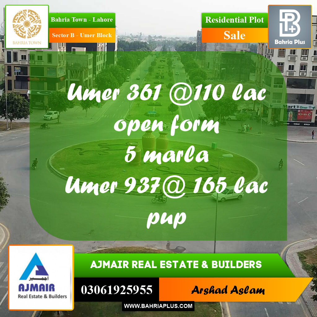 Residential Plot for Sale in Sector B - Umer Block -  Bahria Town, Lahore - (BP-259127)