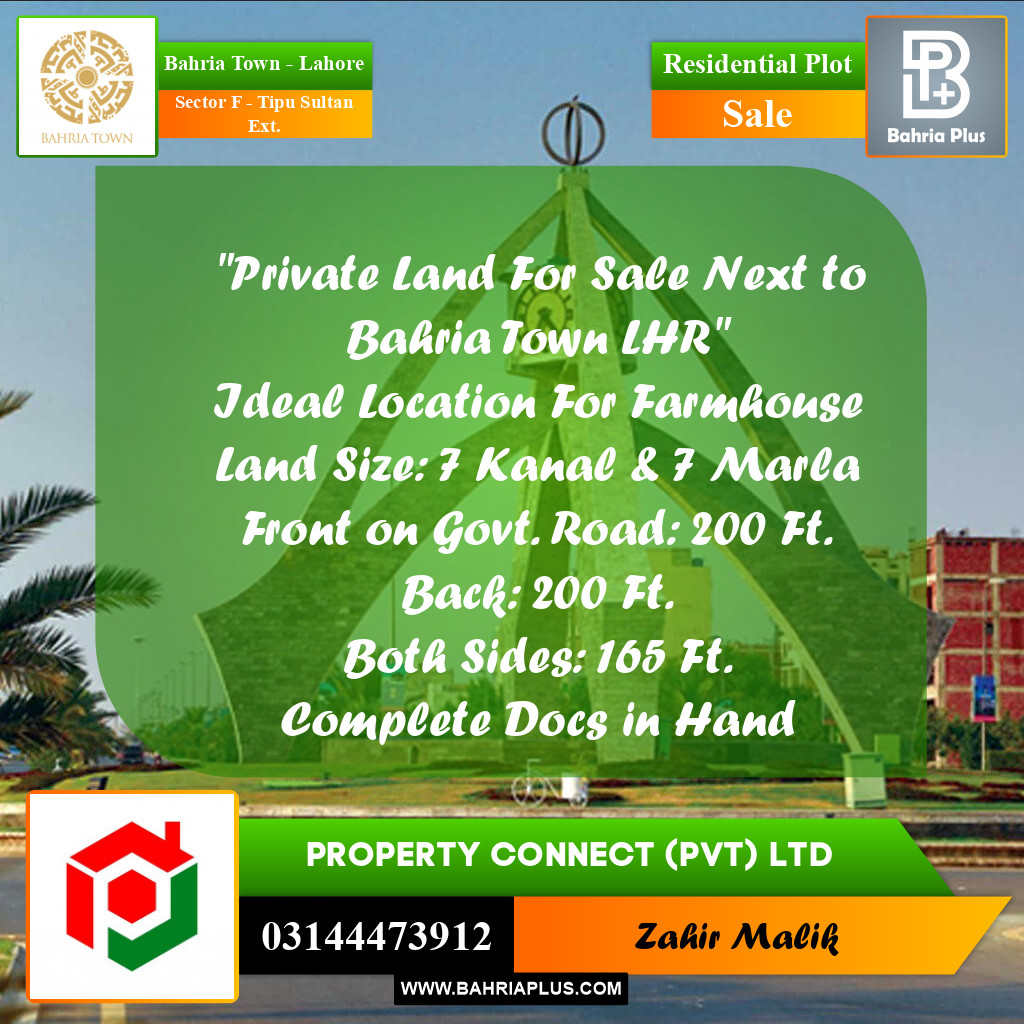 7.7 Kanal Residential Plot for Sale in Sector F - Tipu Sultan Ext. -  Bahria Town, Lahore - (BP-259154)