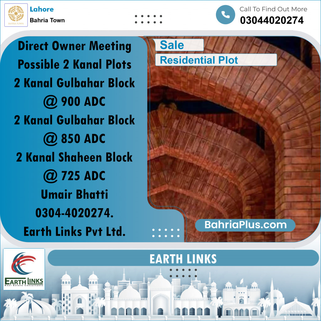 2 Kanal Residential Plot for Sale in Bahria Town, Lahore - (BP-259156)