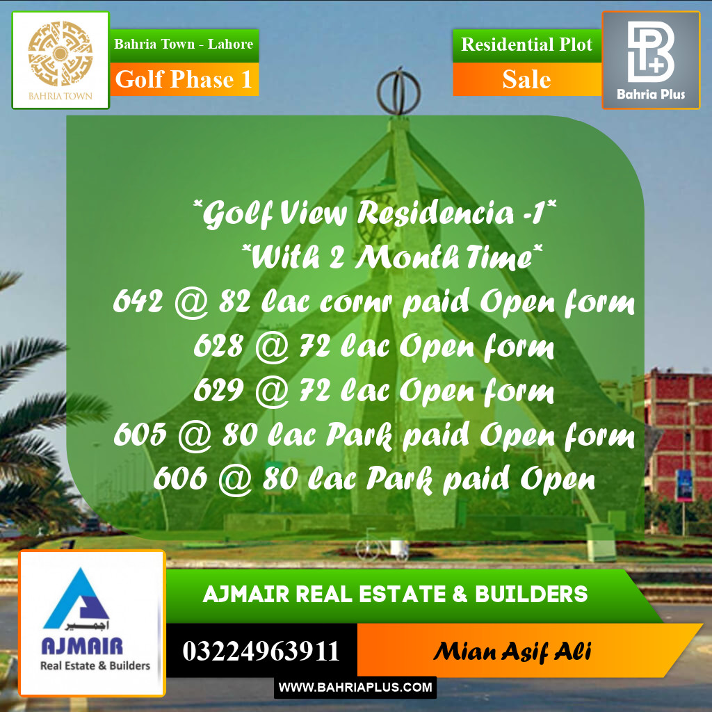Residential Plot for Sale in Golf Phase 1 -  Bahria Town, Lahore - (BP-259174)