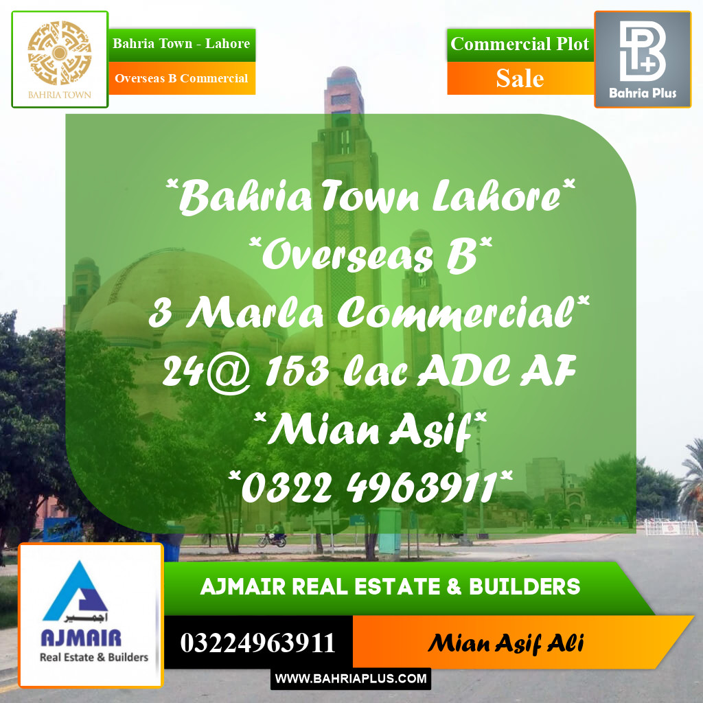 Commercial Plot for Sale in Overseas B Commercial -  Bahria Town, Lahore - (BP-259177)