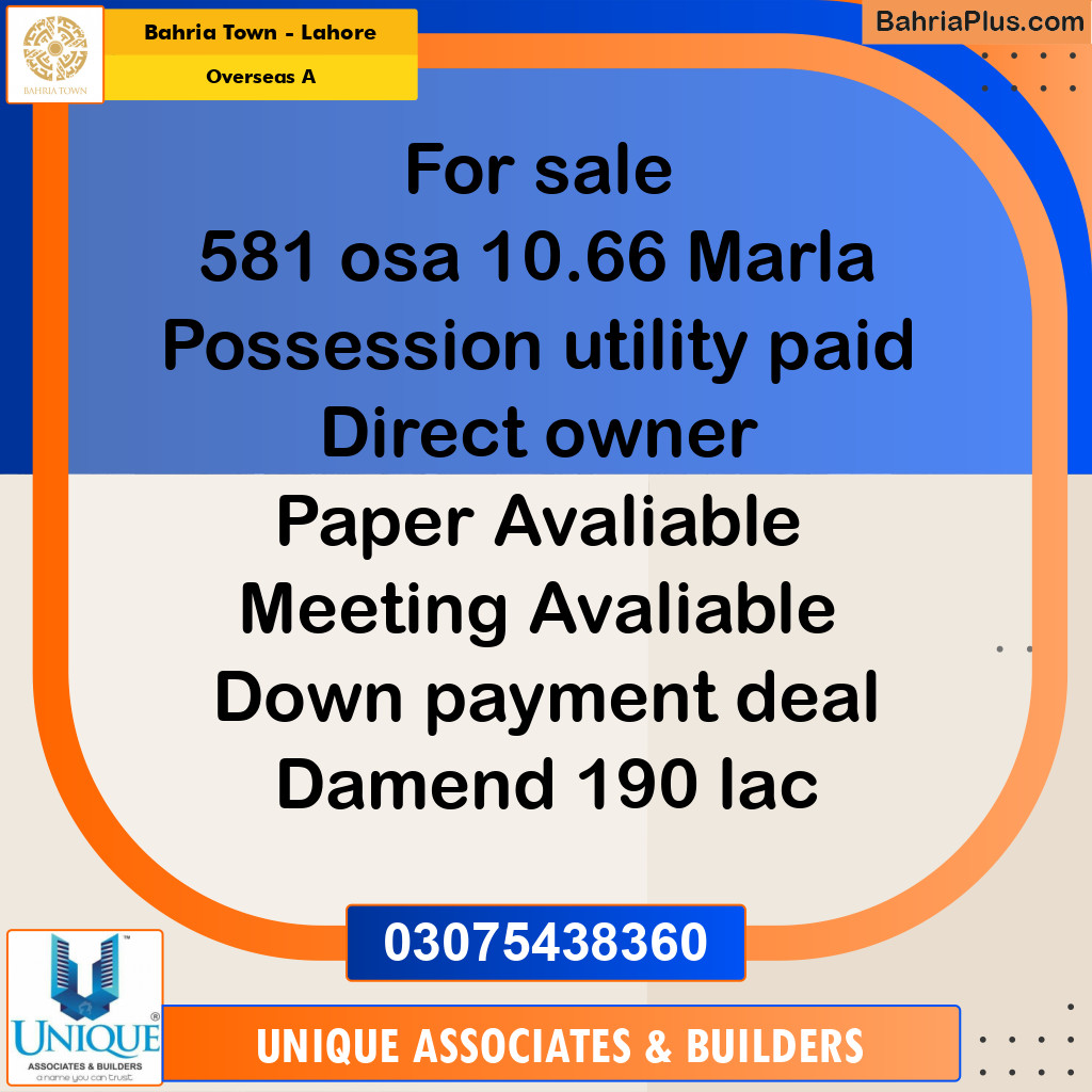 10 Marla Residential Plot for Sale in Overseas A -  Bahria Town, Lahore - (BP-259407)