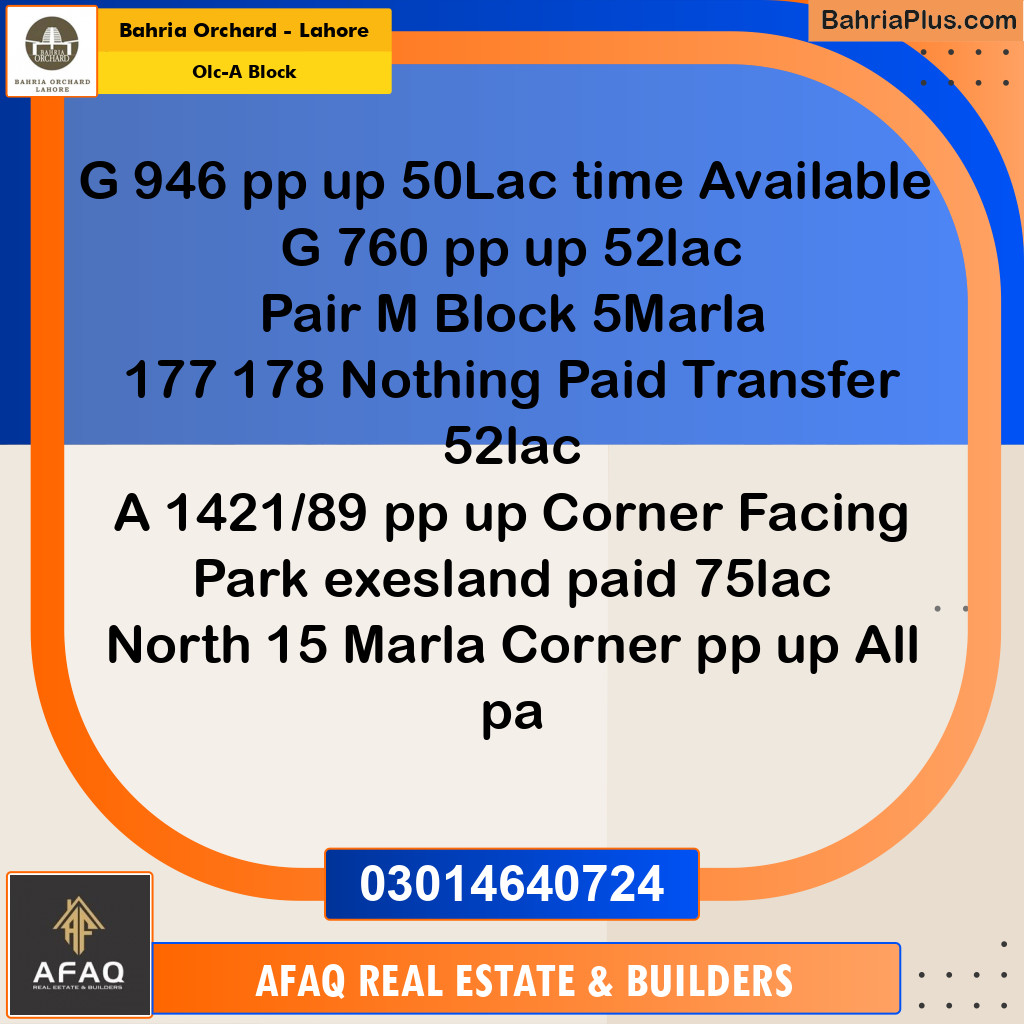 5 Marla Residential Plot for Sale in OLC-A Block -  Bahria Orchard, Lahore - (BP-259427)