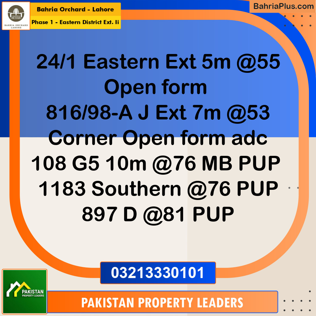 5 Marla Residential Plot for Sale in Phase 1 - Eastern District Ext. II -  Bahria Orchard, Lahore - (BP-259431)