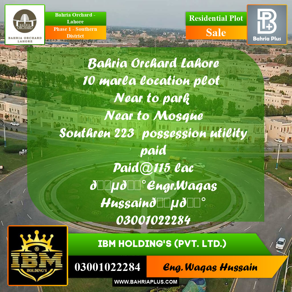 10 Marla Residential Plot for Sale in Phase 1 - Southern District -  Bahria Orchard, Lahore - (BP-259510)