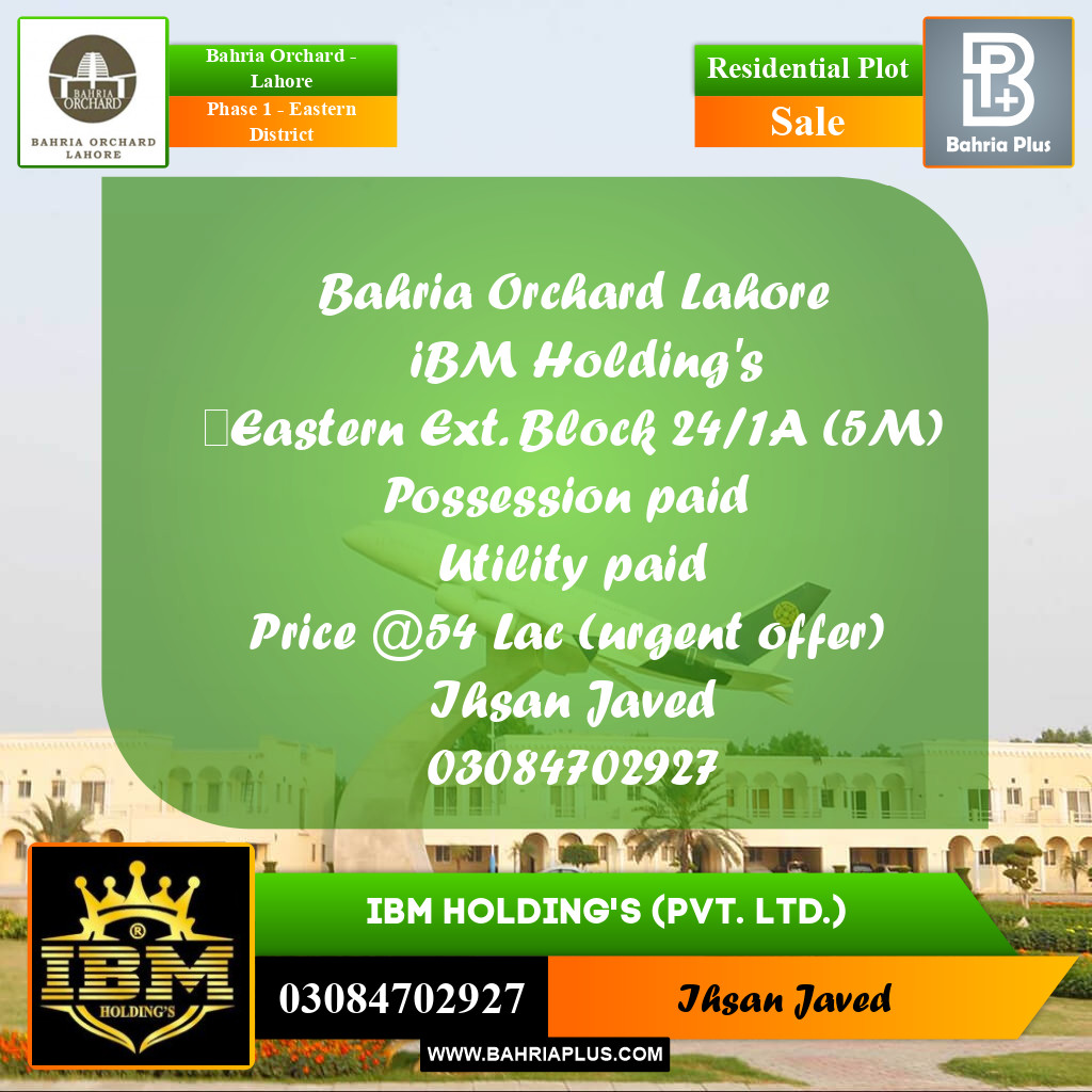 5 Marla Residential Plot for Sale in Phase 1 - Eastern District -  Bahria Orchard, Lahore - (BP-259524)