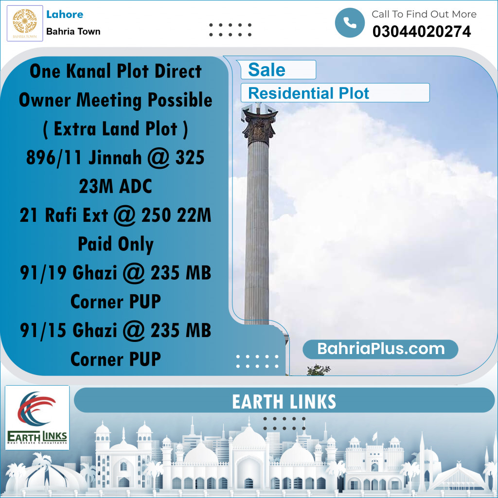 1 Kanal Residential Plot for Sale in Bahria Town, Lahore - (BP-259560)