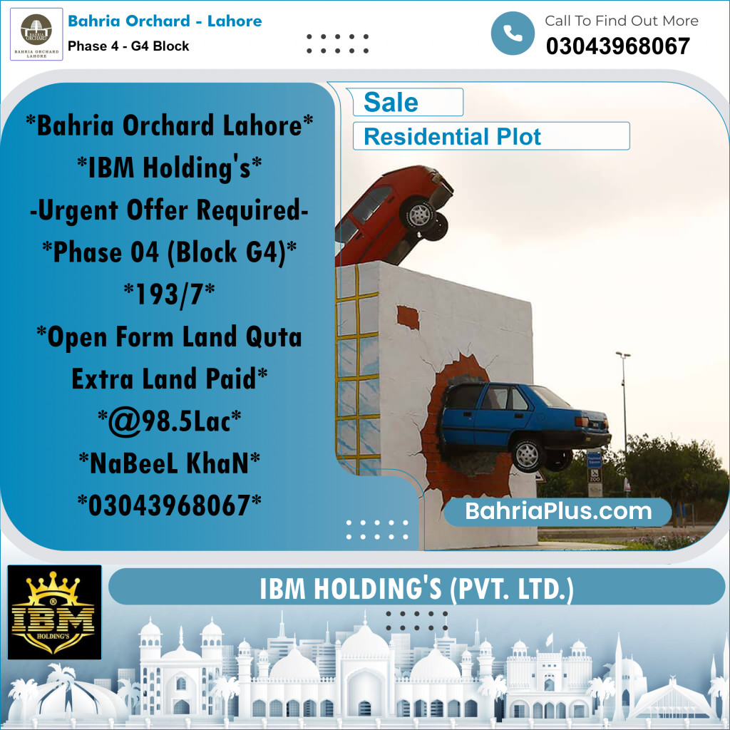 10 Marla Residential Plot for Sale in Phase 4 - G4 Block -  Bahria Orchard, Lahore - (BP-259580)