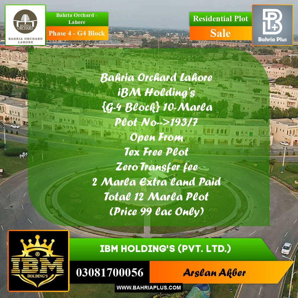 12 Marla Residential Plot for Sale in Phase 4 - G4 Block -  Bahria Orchard, Lahore - (BP-259675)