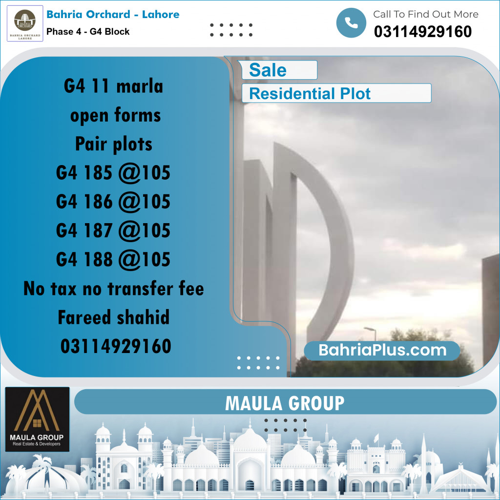 11 Marla Residential Plot for Sale in Phase 4 - G4 Block -  Bahria Orchard, Lahore - (BP-259690)