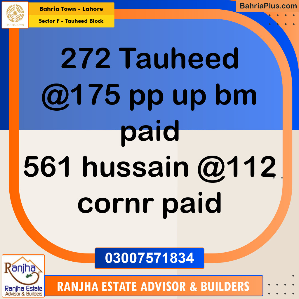 10 Marla Residential Plot for Sale in Sector F - Tauheed Block -  Bahria Town, Lahore - (BP-259784)