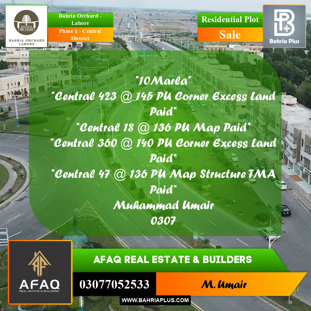 10 Marla Residential Plot for Sale in Phase 1 - Central District -  Bahria Orchard, Lahore - (BP-259929)