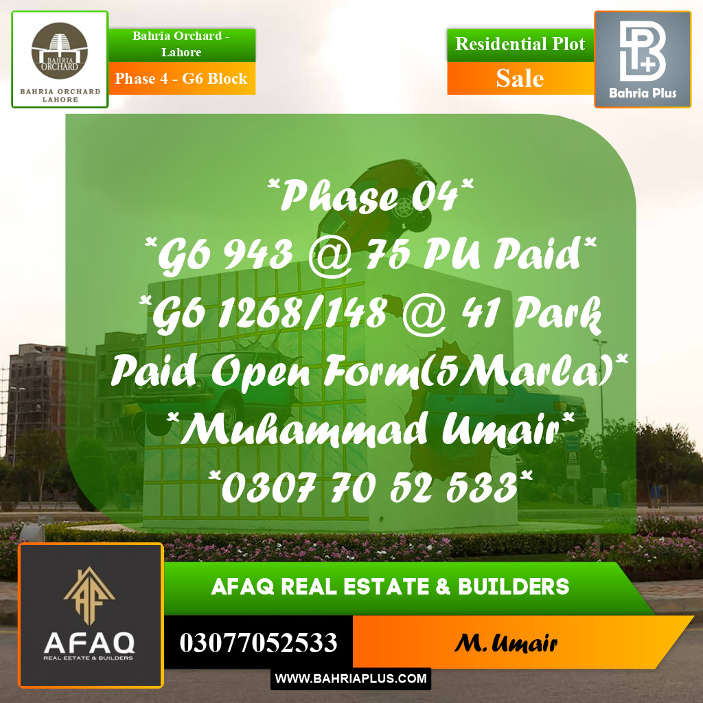 10 Marla Residential Plot for Sale in Phase 4 - G6 Block -  Bahria Orchard, Lahore - (BP-259930)