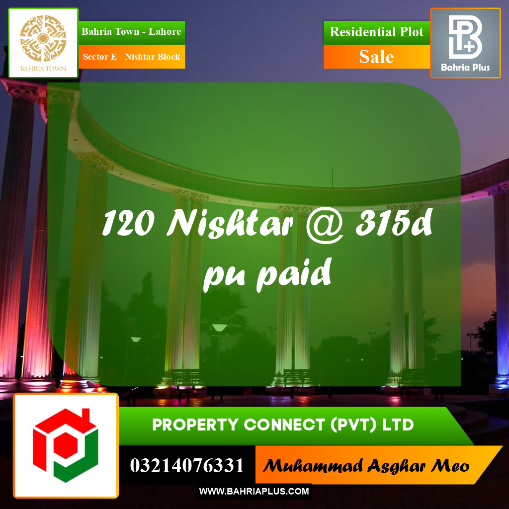 20 Kanal Residential Plot for Sale in Sector E - Nishtar Block -  Bahria Town, Lahore - (BP-260041)