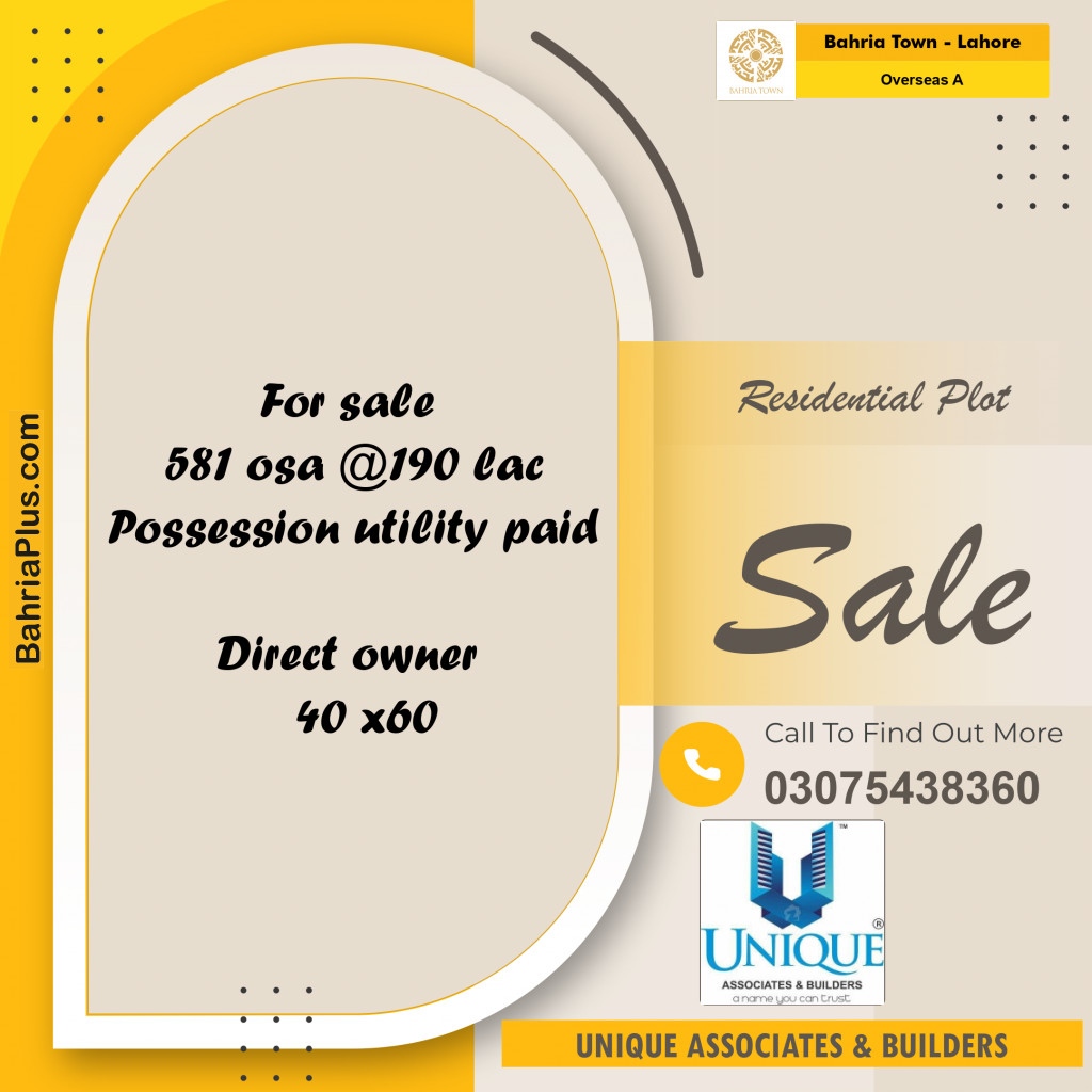 10 Marla Residential Plot for Sale in Overseas A -  Bahria Town, Lahore - (BP-260163)