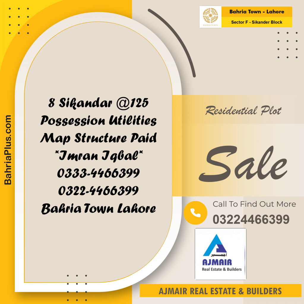 10 Marla Residential Plot for Sale in Sector F - Sikander Block -  Bahria Town, Lahore - (BP-260250)