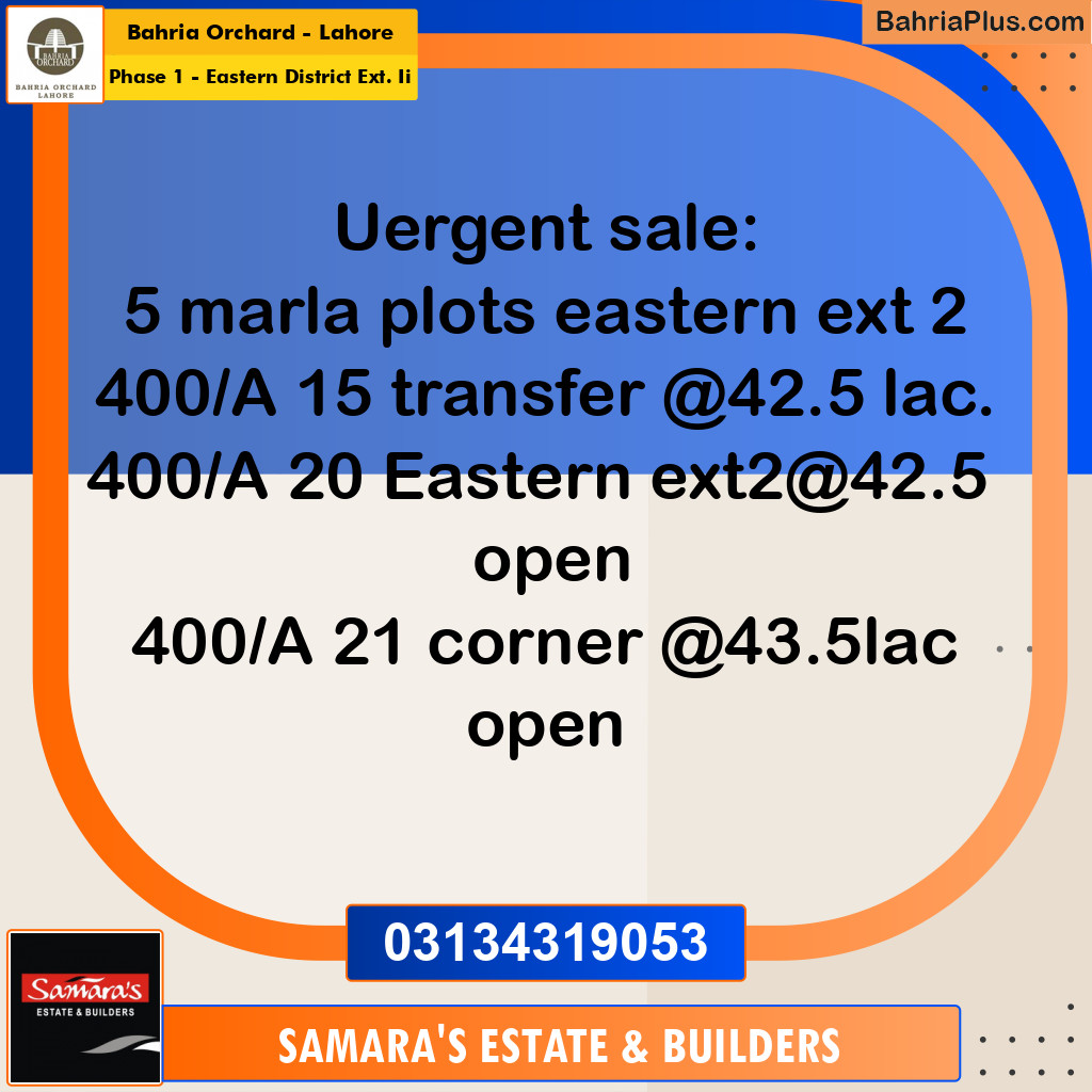 5 Marla Residential Plot for Sale in Phase 1 - Eastern District Ext. II -  Bahria Orchard, Lahore - (BP-260329)