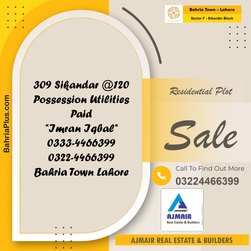10 Marla Residential Plot for Sale in Sector F - Sikander Block -  Bahria Town, Lahore - (BP-260366)