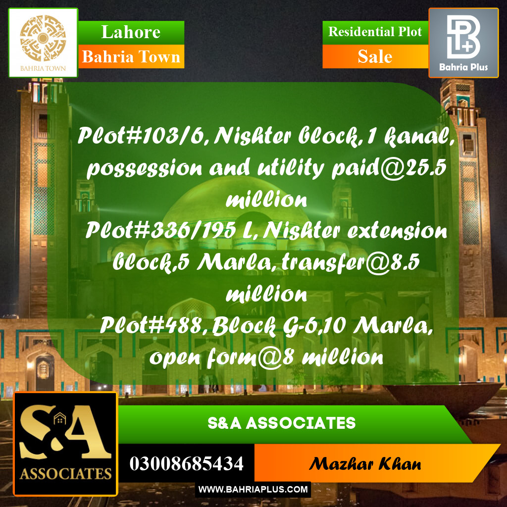 Residential Plot for Sale in Bahria Town, Lahore - (BP-260380)