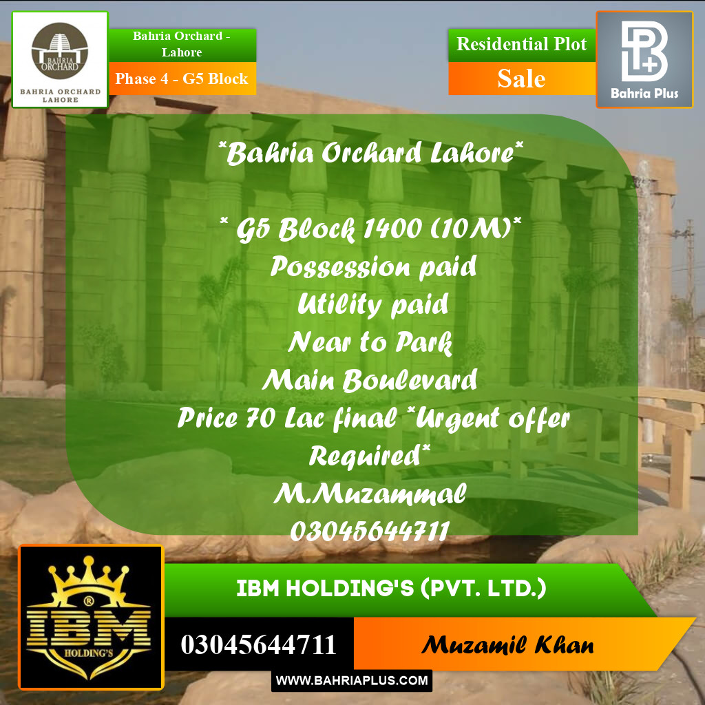 10 Marla Residential Plot for Sale in Phase 4 - G5 Block -  Bahria Orchard, Lahore - (BP-260995)