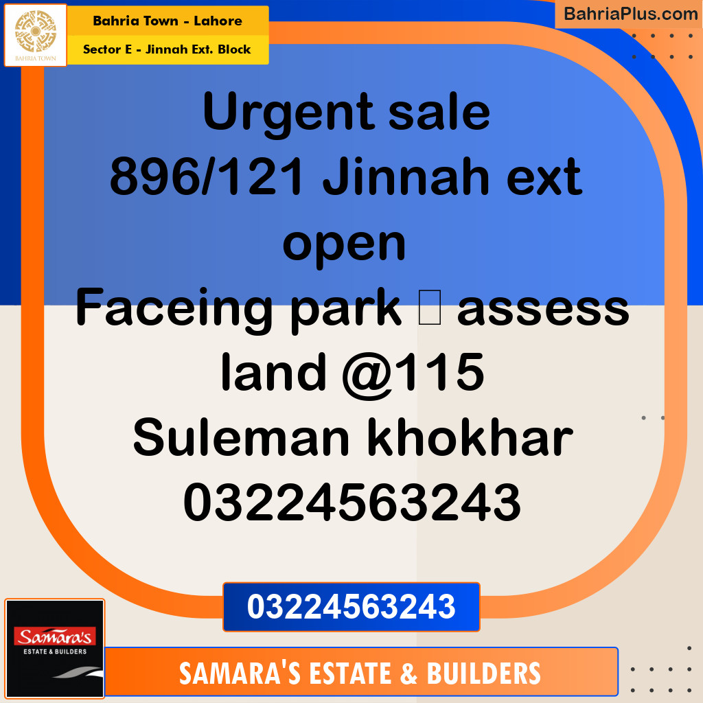 7.15 Marla Residential Plot for Sale in Sector E - Jinnah Ext. Block -  Bahria Town, Lahore - (BP-261016)