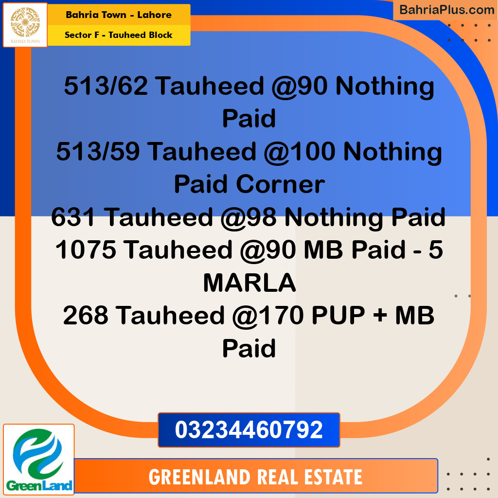 10 Marla Residential Plot for Sale in Sector F - Tauheed Block -  Bahria Town, Lahore - (BP-261089)