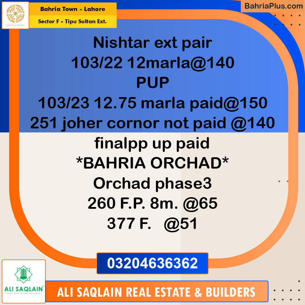 10 Marla Residential Plot for Sale in Sector F - Tipu Sultan Ext. -  Bahria Town, Lahore - (BP-261135)