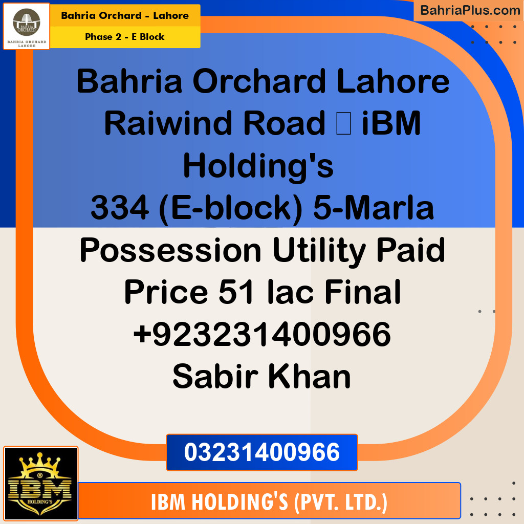 5 Marla Residential Plot for Sale in Phase 2 - E Block -  Bahria Orchard, Lahore - (BP-261140)